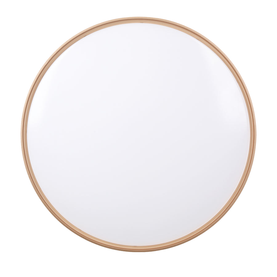 Vue de face d'un luminaire circulaire blanc avec bordure dorée fine.