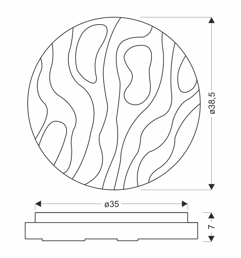 Schéma de dimensions du plafonnier rond : diamètre 38,5 cm, base 35 cm, hauteur 7 cm.