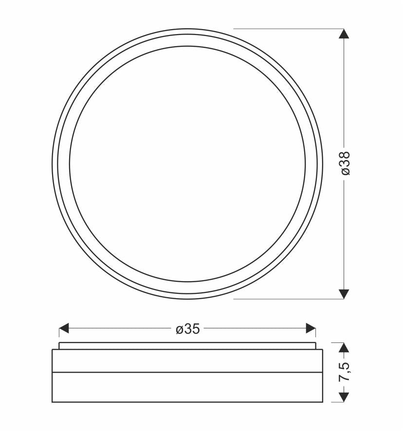 Schéma coté du plafonnier avec diamètres 38, 35 cm et hauteur 7,5 cm.