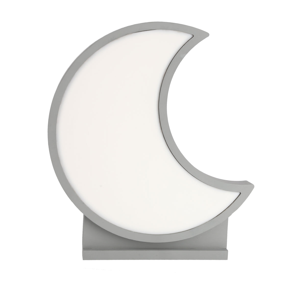 Lampe lune LED grise présentée de face, cadre gris et diffuseur blanc opaque
