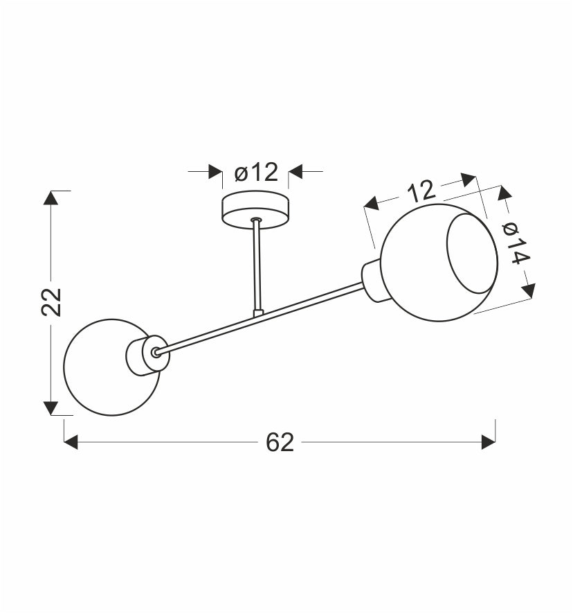 Schéma de dimensions du plafonnier, largeur 62 cm et hauteur 22 cm indiquées