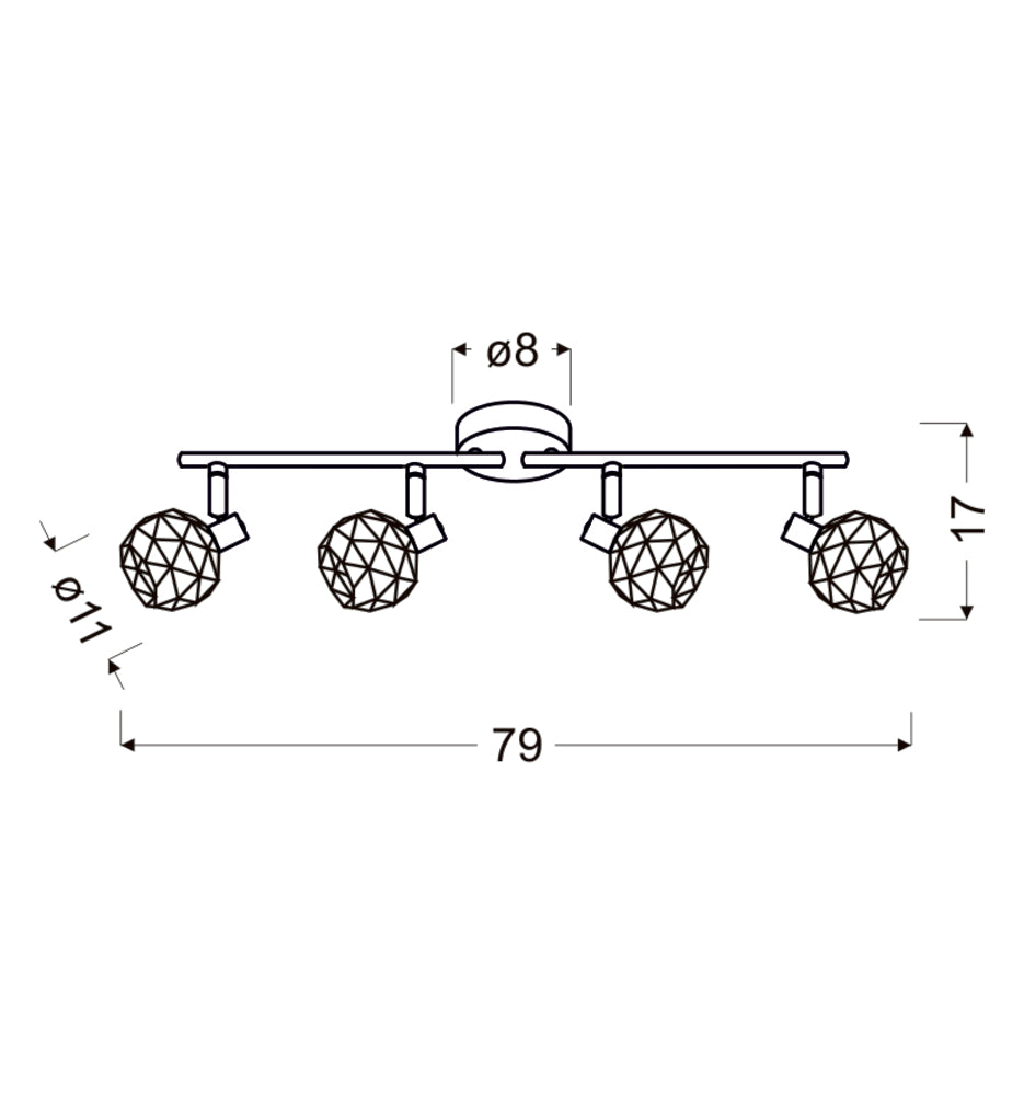 Schéma coté du luminaire : largeur 79 cm, hauteur 17 cm, diamètre 11 cm.