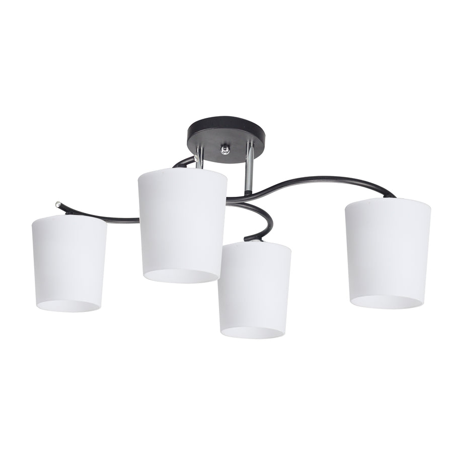 Plafonnier quatre lumières sur fond blanc, bras courbes noirs et abat-jours en verre opalin