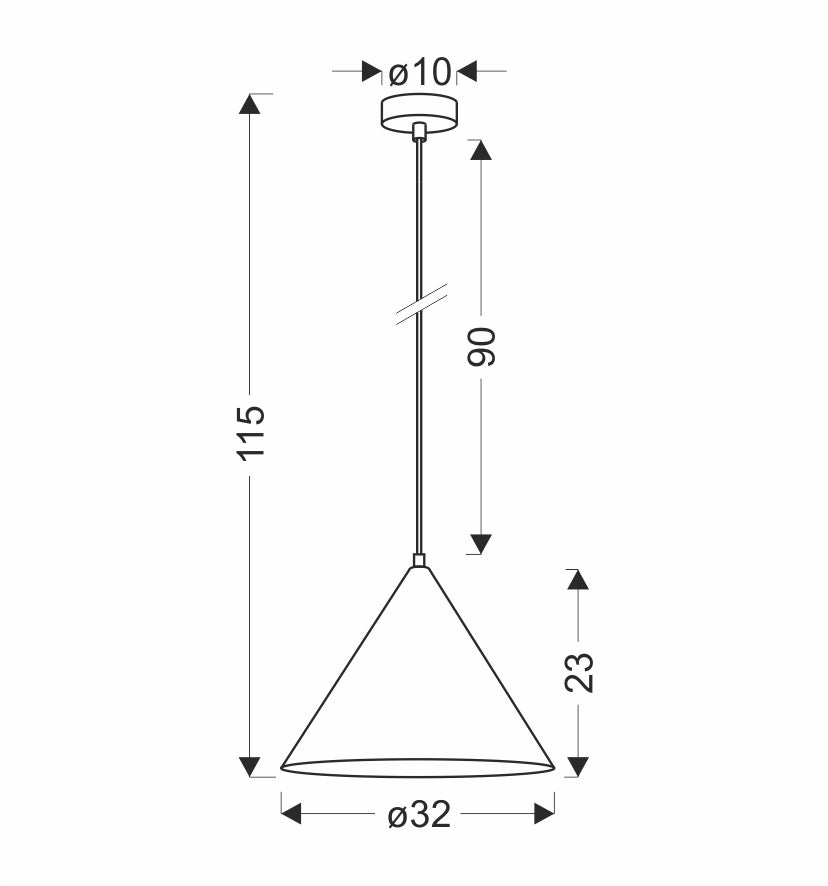 Schéma coté du luminaire : rosace, câble réglable, hauteur et diamètre de l'abat-jour