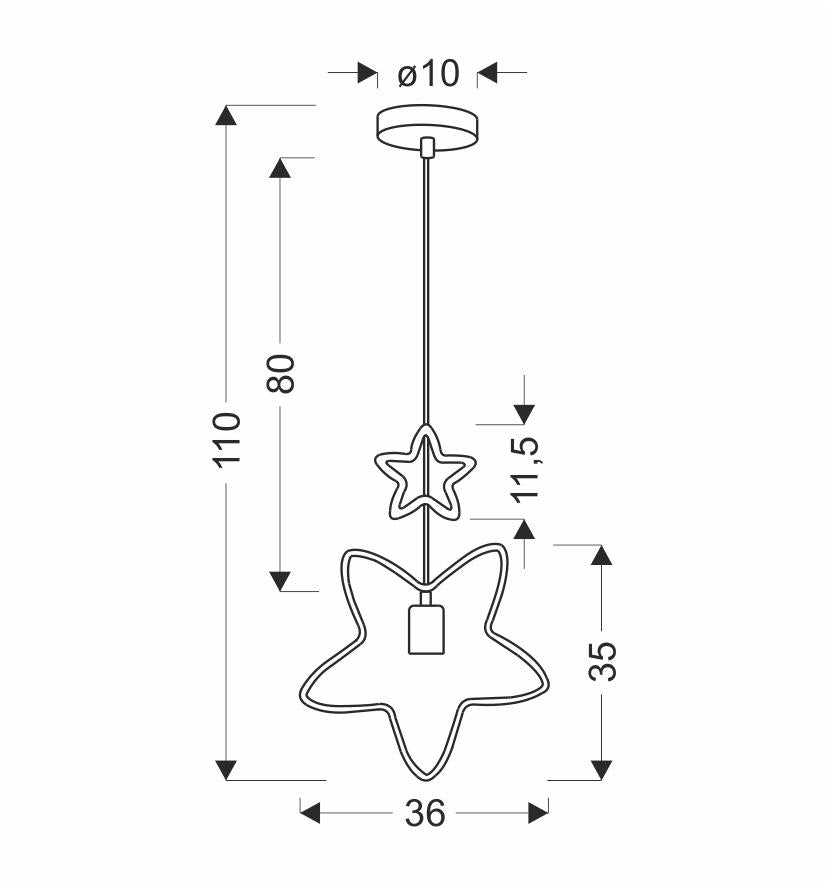 Schéma de dimensions de la suspension étoile : hauteur totale 110 cm, diamètre 10 cm.
