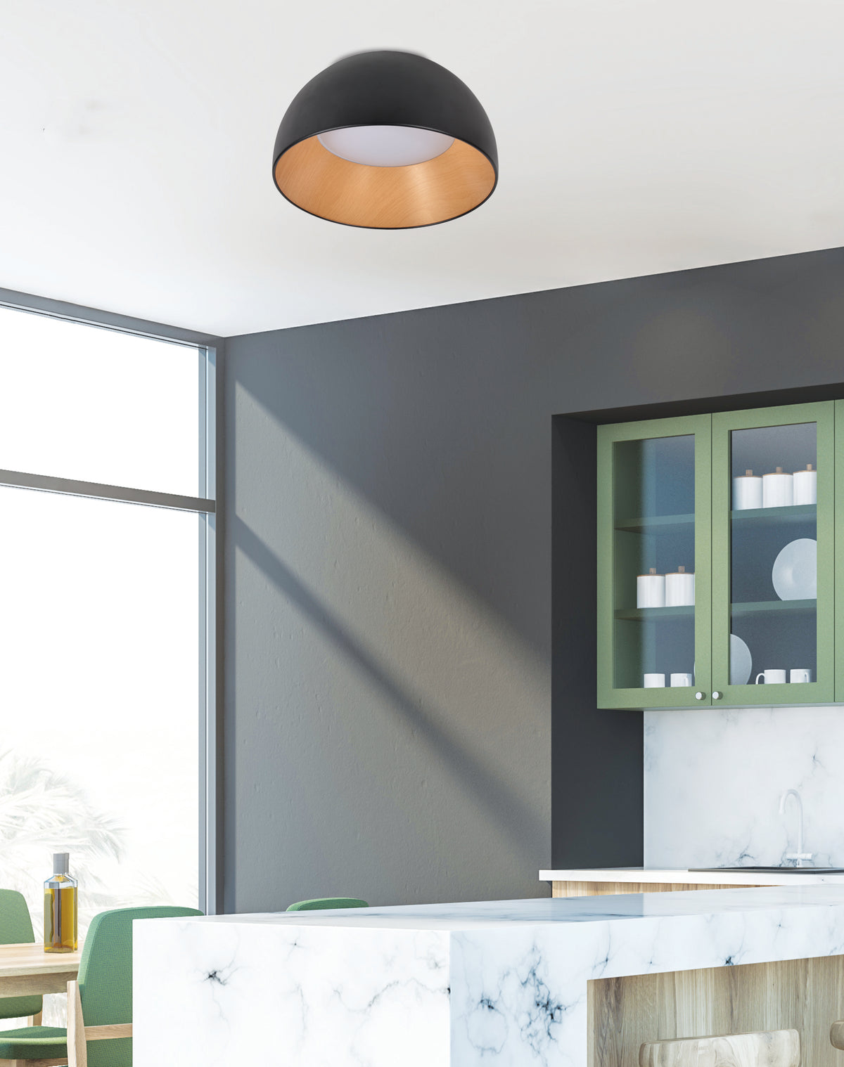 Mise en ambiance dans une cuisine moderne, plafonnier fixé au plafond au-dessus de l'îlot