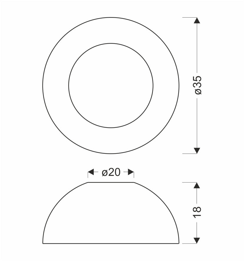 Schéma de dimensions : diamètre 35 cm, ouverture 20 cm et hauteur 18 cm