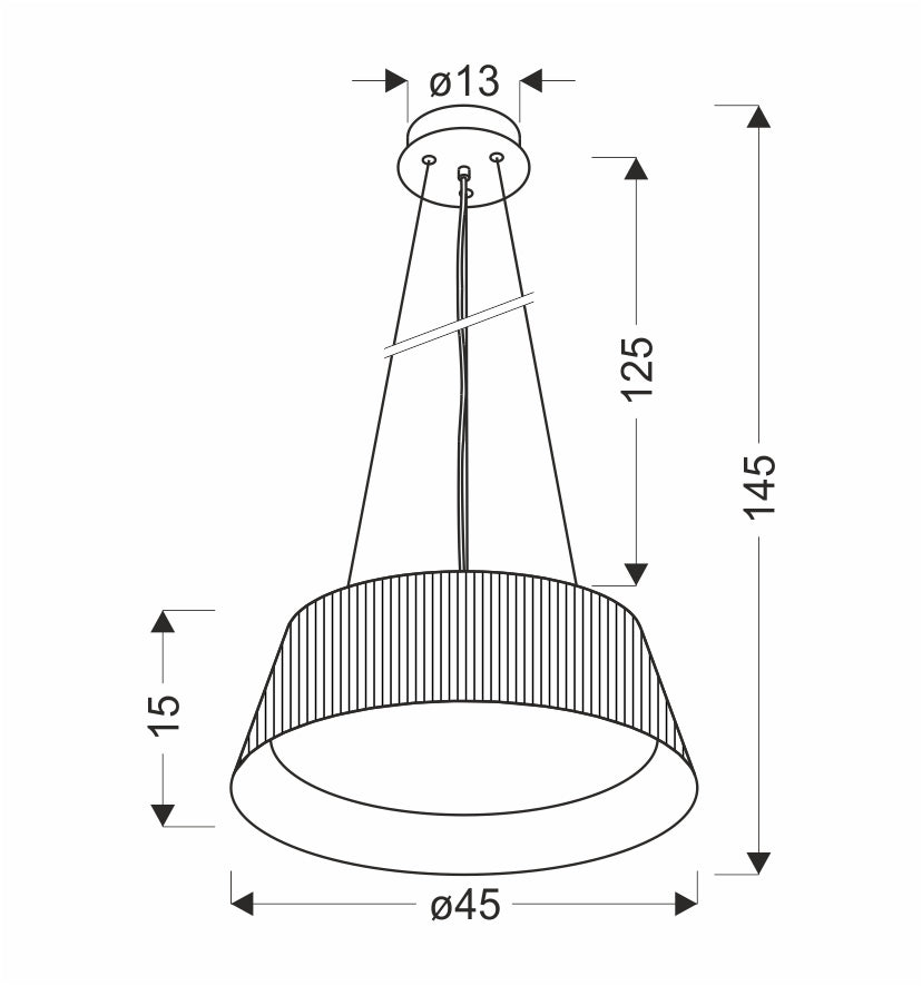 Schéma coté du luminaire : diamètre 45 cm et hauteur totale 145 cm.