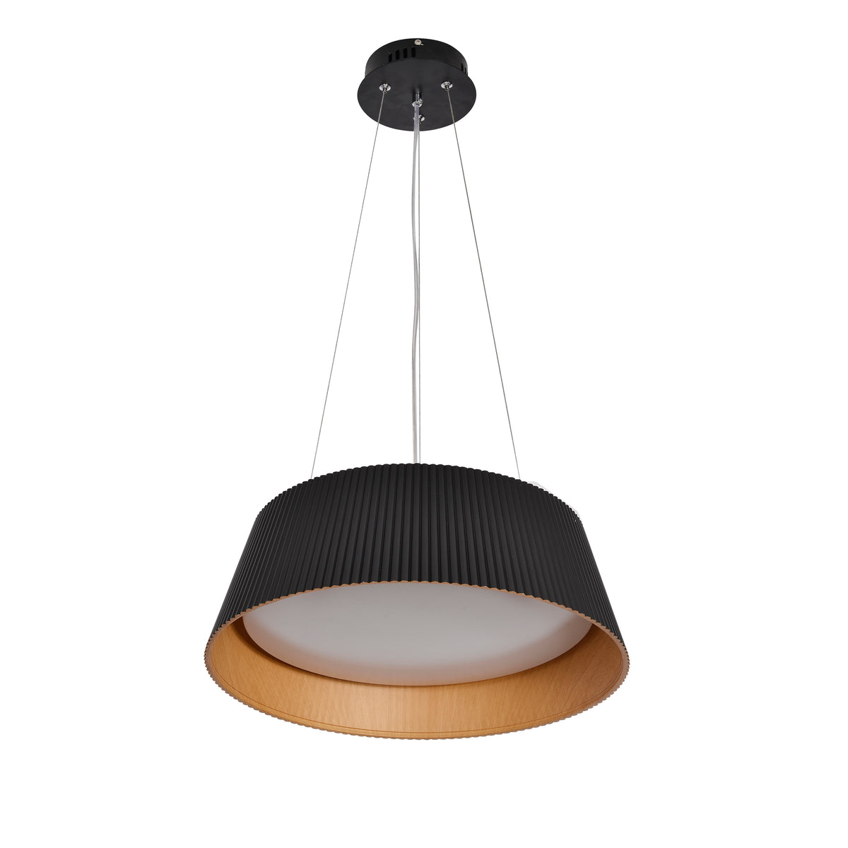 Version noire du luminaire, abat-jour côtelé et intérieur en bois clair.