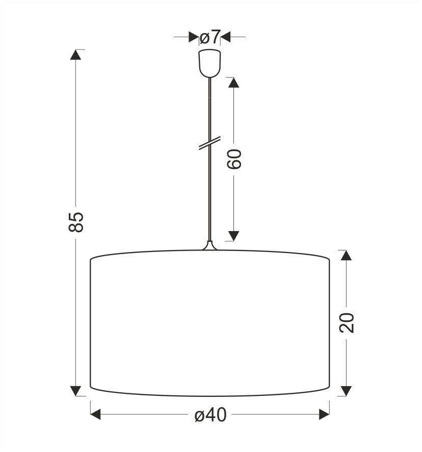 Schéma coté de la suspension : hauteur totale 85 cm, abat-jour de 40 cm