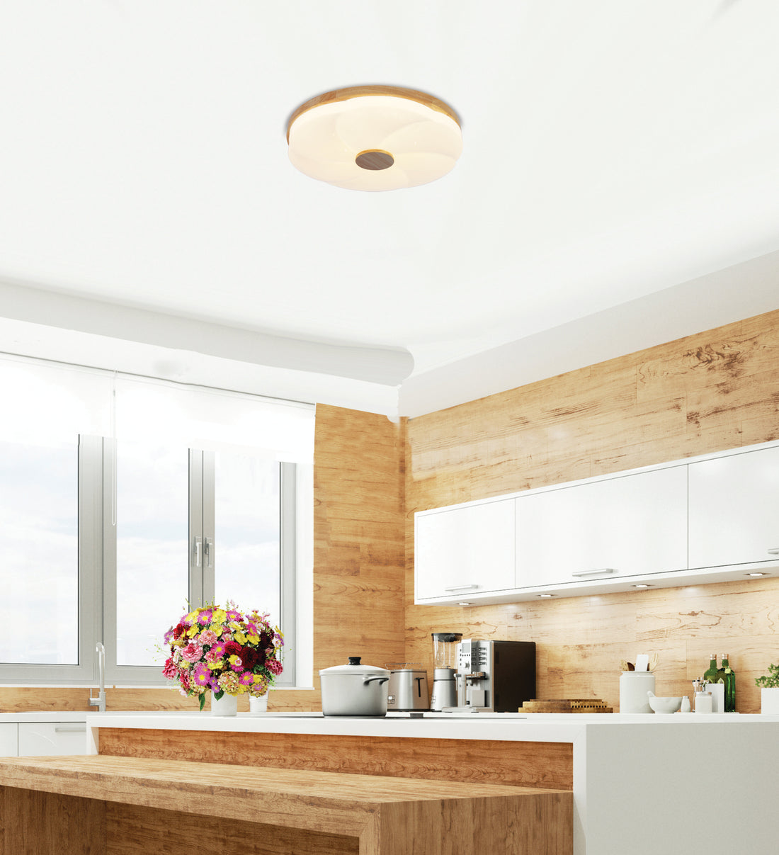 Plafonnier LED Fiorino blanc et bois