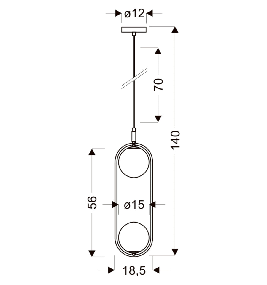 Schéma de dimensions du luminaire suspendu, hauteur totale 140 cm et globes Ø15 cm