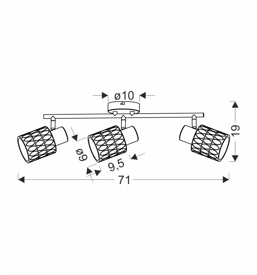 Schéma de dimensions du plafonnier avec largeur 71 cm et hauteur 16 cm