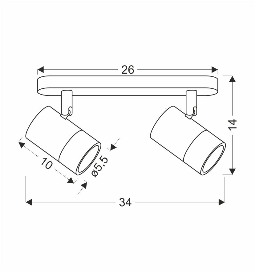 Schéma technique coté du plafonnier : largeur 26, hauteur 14, entraxe 34 et diamètre 5,5