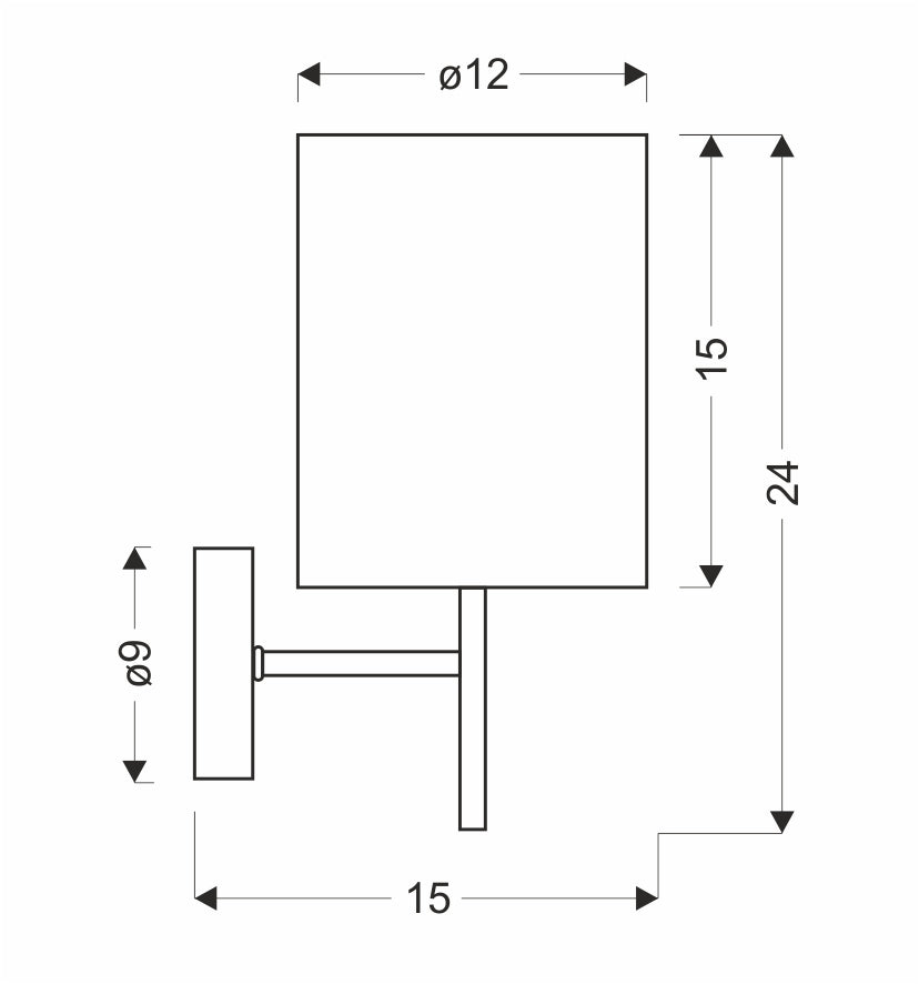 Schéma coté de l'applique : abat-jour diamètre 12, hauteur totale 24, platine 9