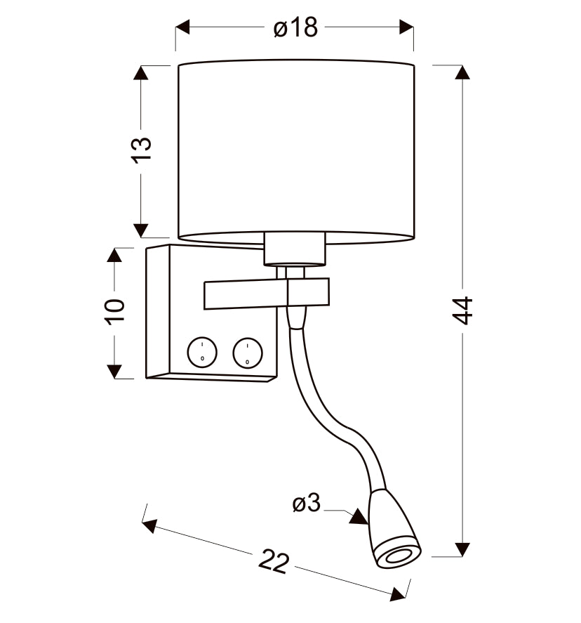 Schéma coté de l'applique avec diamètre 18 cm, hauteur 44 cm et bras 22 cm