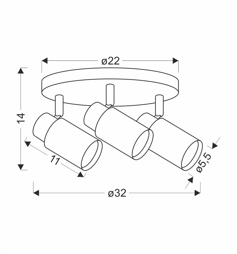Schéma technique coté du plafonnier trois lumières avec dimensions principales.