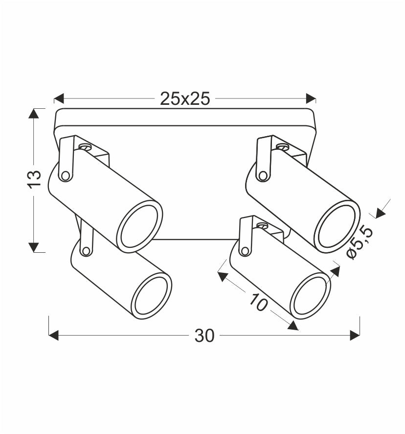 Schéma de dimensions du plafonnier : base 25x25, hauteur 13, spots de diamètre 5,5