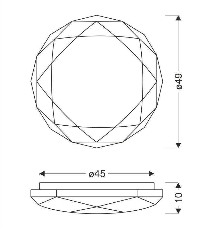 Schéma technique avec diamètre 49 cm, 45 cm et hauteur 10 cm.