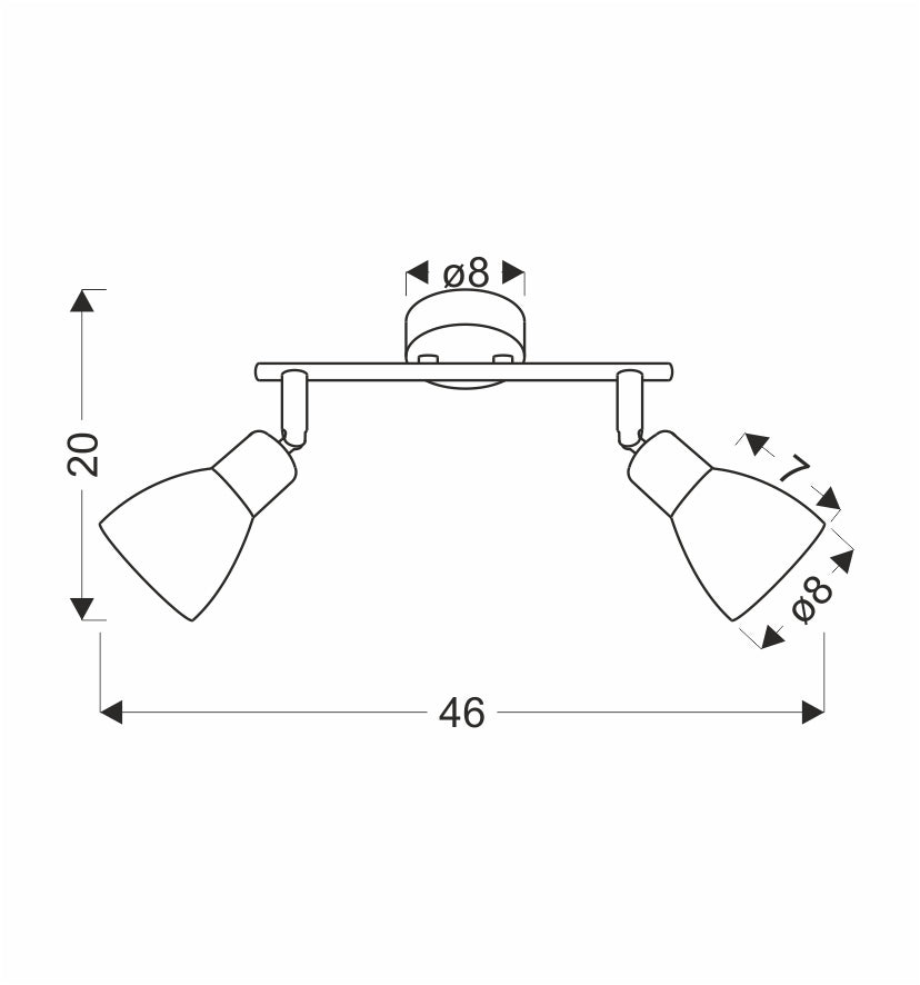 Schéma coté du plafonnier : base Ø 8 cm, longueur 46 cm et hauteur 20 cm.