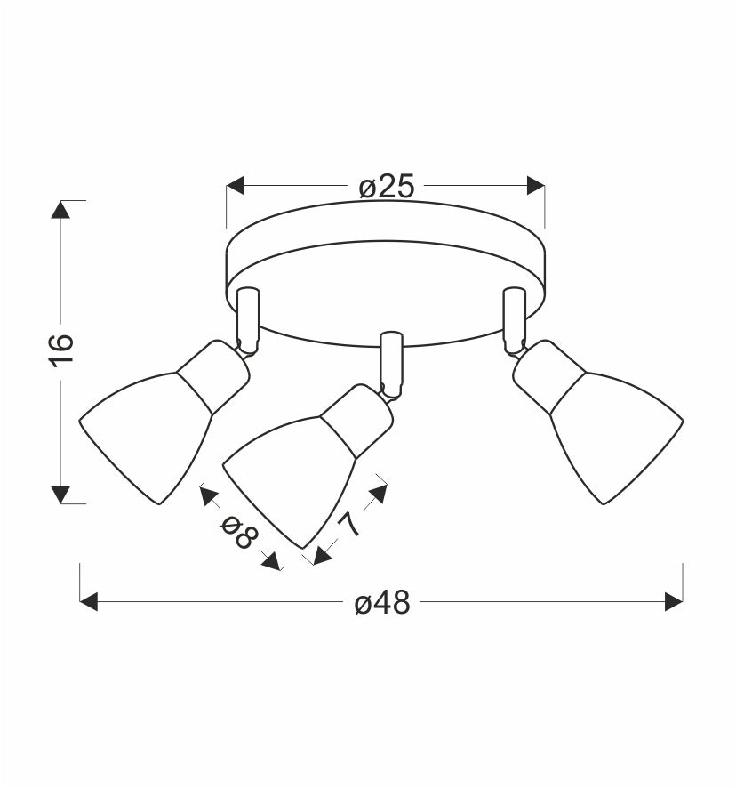 Schéma technique du plafonnier avec dimensions : diamètre 48, hauteur 16 et diffuseurs