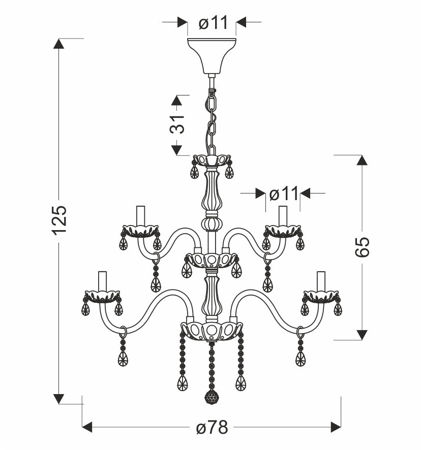 Schéma de dimensions du lustre avec diamètre et hauteur