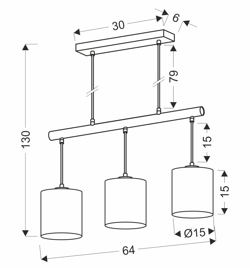 Schéma coté de la suspension : hauteur 130 cm, largeur 64 cm et diamètre 15 cm