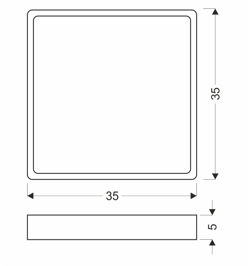 Schéma de dimensions du luminaire carré trente-cinq centimètres sur cinq