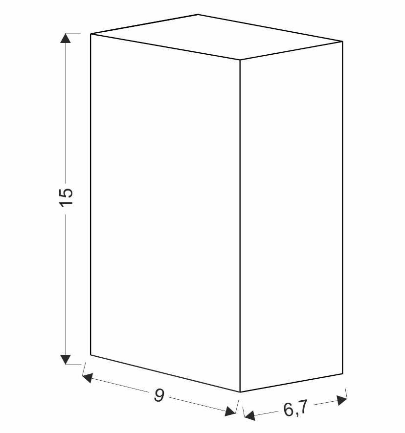 Schéma de dimensions : hauteur 15 cm, largeur 9 cm, profondeur 6,7 cm.