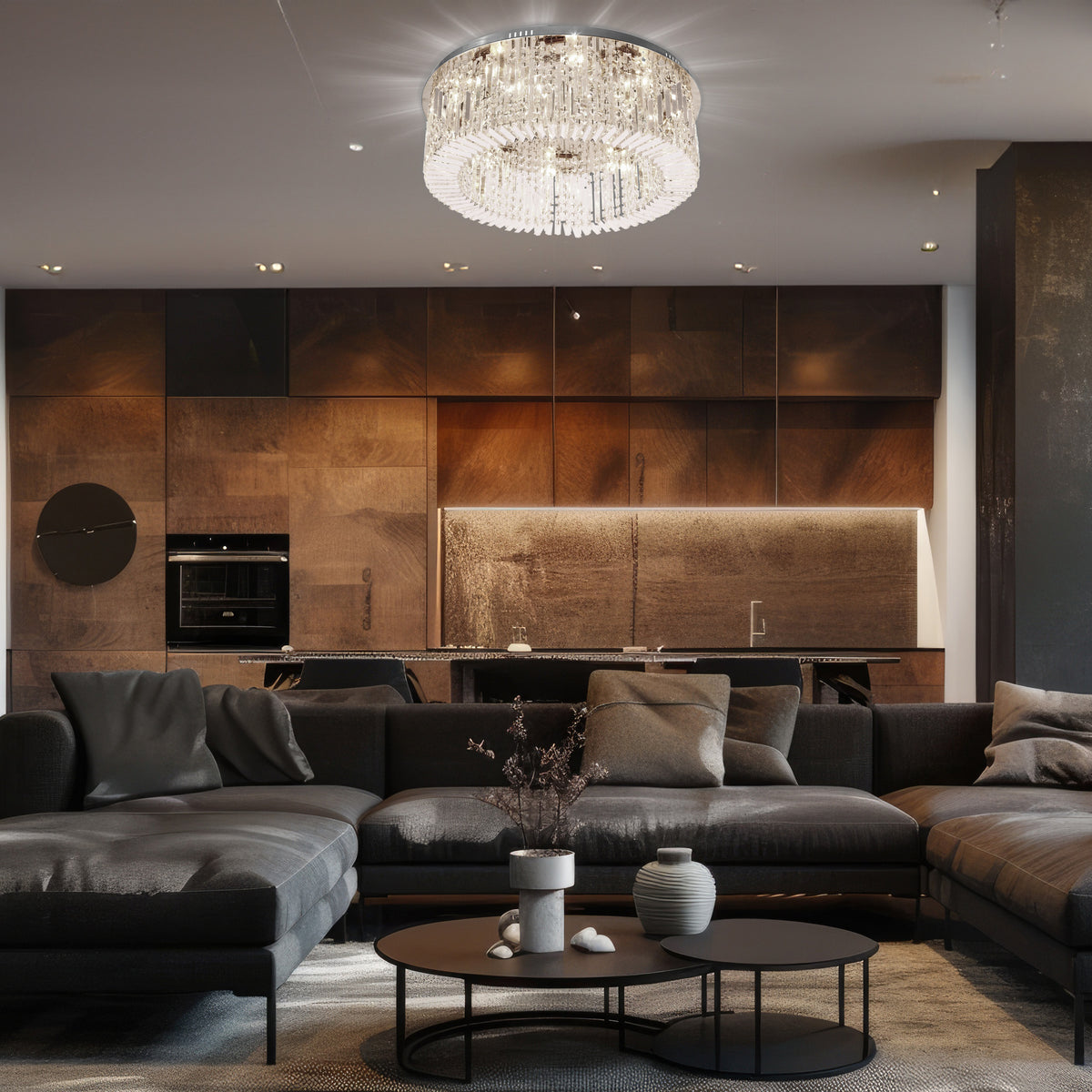 Mise en ambiance du plafonnier allumé dans un salon moderne