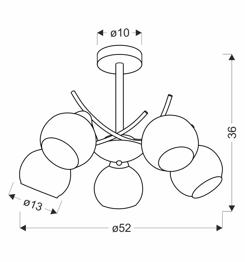 Schéma coté du luminaire avec diamètre 52 cm, hauteur 36 cm et rosace 10 cm