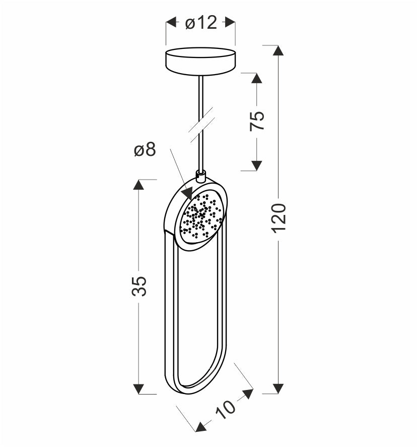 Schéma coté du luminaire avec hauteur totale 120 cm et diamètre du diffuseur 8 cm.