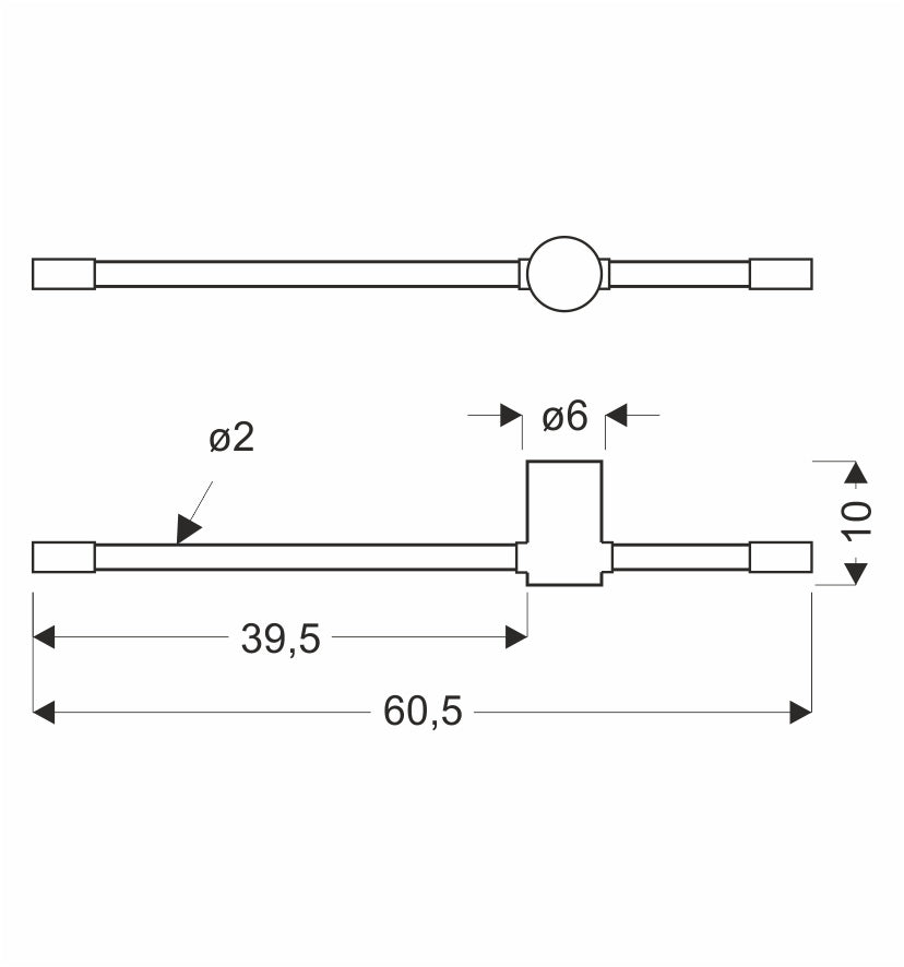 Schéma de dimensions cotées du luminaire : longueur 60,5 cm, diamètre du tube et fixation.