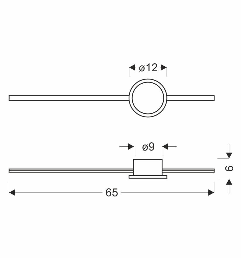 Schéma coté du luminaire : longueur 65 cm, diamètre 9 cm, profondeur 6 cm.