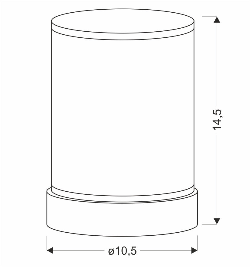 Schéma technique coté : hauteur 14,5 cm et diamètre 10,5 cm du luminaire.