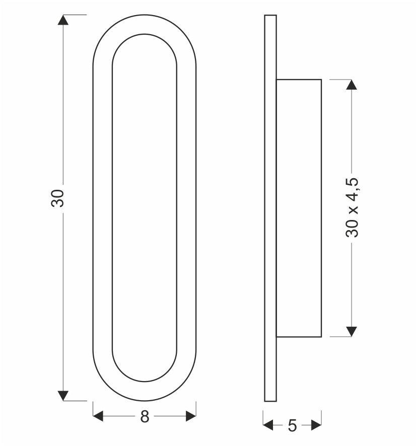 Schéma coté de l'applique : hauteur 30 cm, largeur 8 cm, profondeur 5 cm