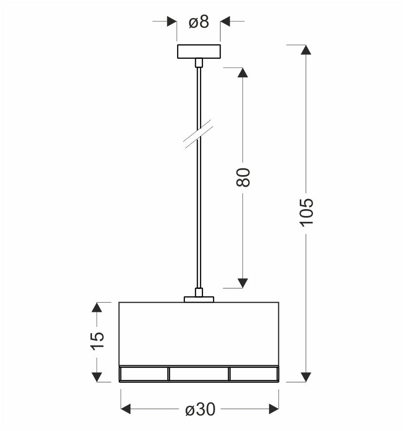 Schéma technique côté du luminaire avec hauteur et diamètre.
