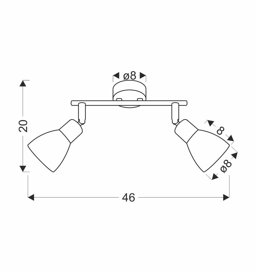 Schéma coté du plafonnier : largeur 46 cm, hauteur 20 cm, diffuseur diamètre 8 cm