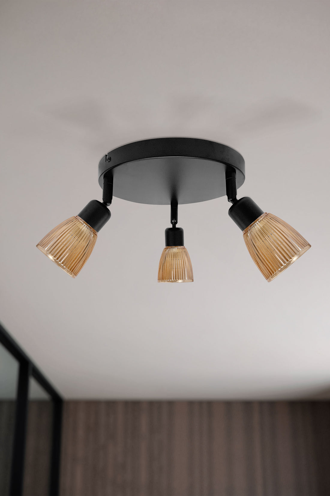 Plafonnier Amcos 3 lumières noir, verre, L 48 cm