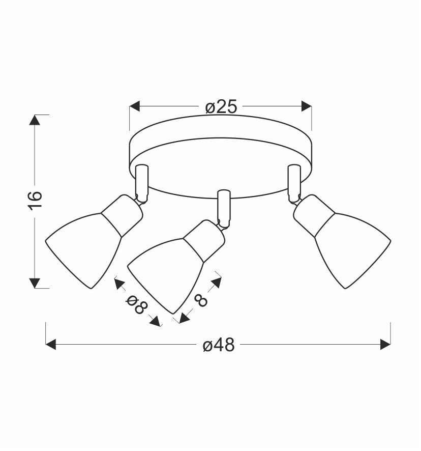 Schéma technique avec diamètre 48 cm, hauteur 16 cm et spots de 8 cm