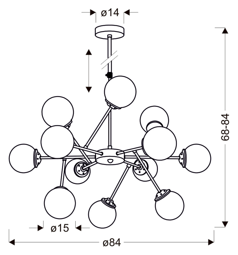 Schéma technique du lustre avec diamètre 84 cm et hauteur réglable de 68 à 84 cm.