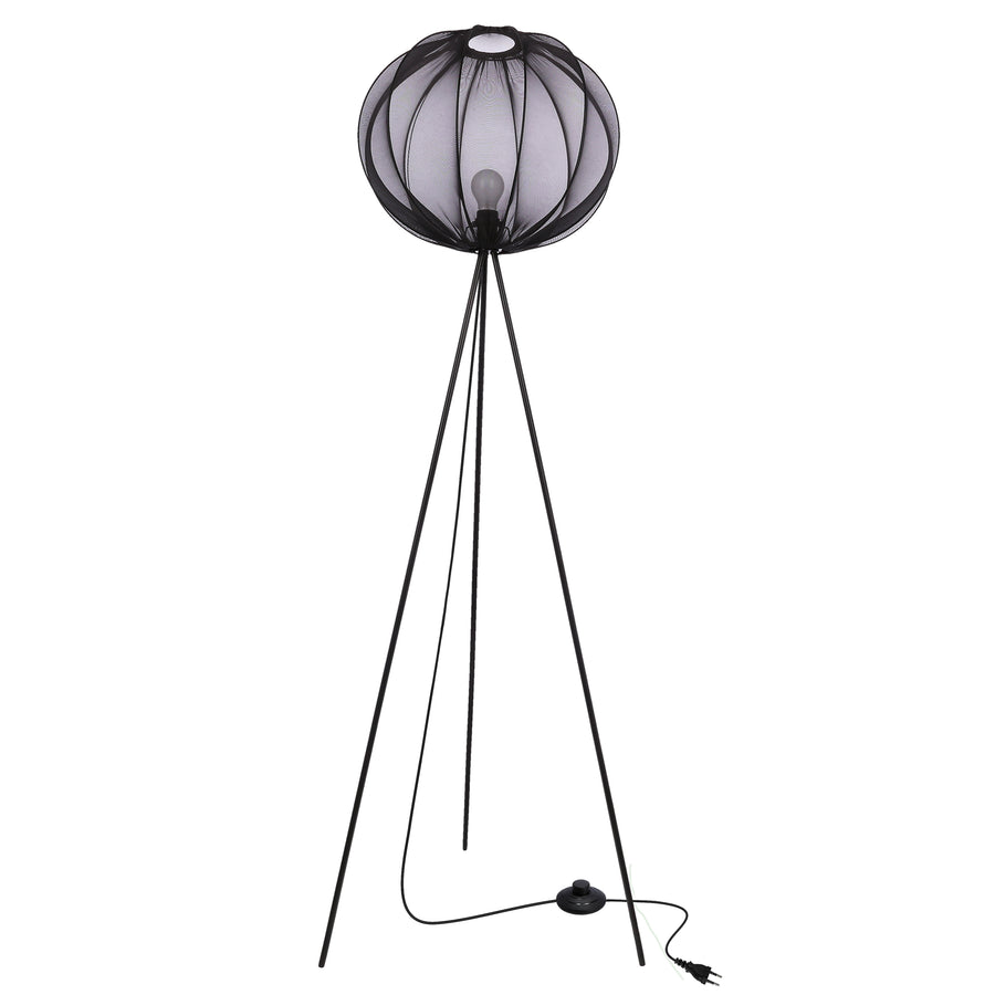 Lampadaire noir de face sur fond blanc avec abat-jour en tissu et pied tripode.