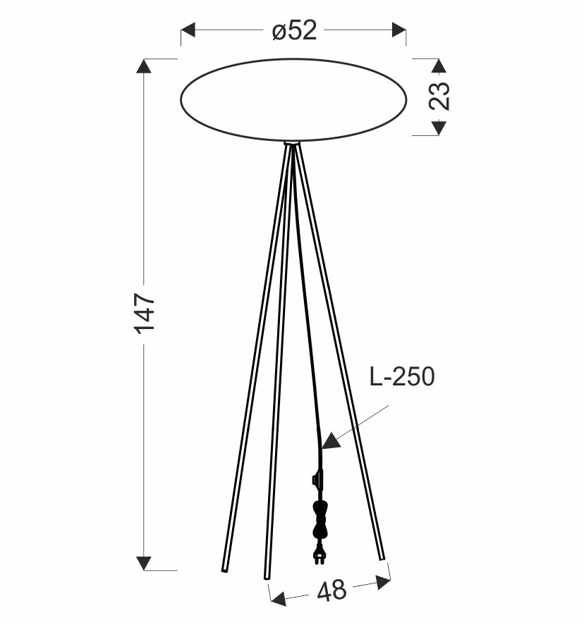 Schéma coté du lampadaire avec diamètre d'abat-jour, hauteur totale et longueur de câble