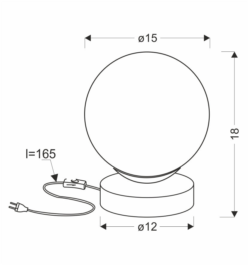 Schéma coté de la lampe indiquant diamètre du globe, de la base et hauteur totale
