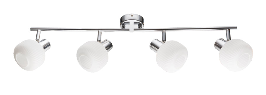 Plafonnier quatre spots orientables, verre dépoli blanc et structure métal argenté brillant