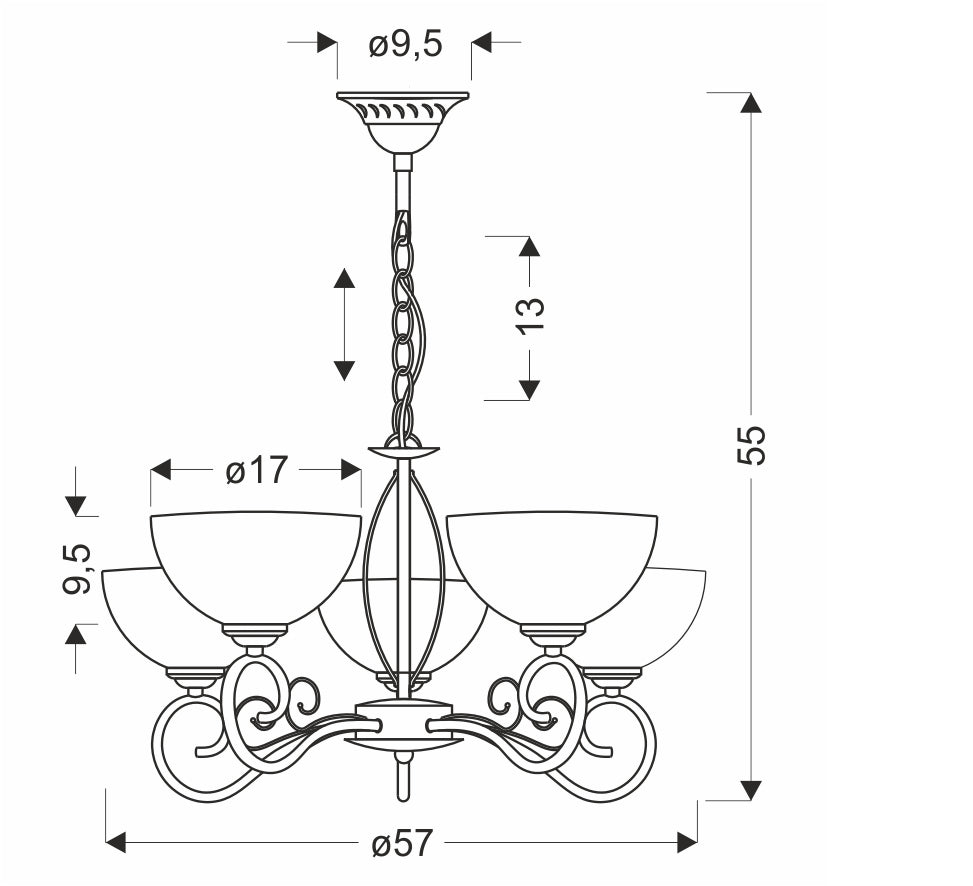 Schéma coté du luminaire indiquant diamètre 57 cm et hauteur totale 55 cm