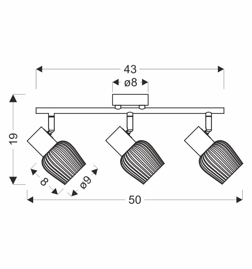 Schéma de dimensions du plafonnier : largeur, hauteur et diamètre des diffuseurs