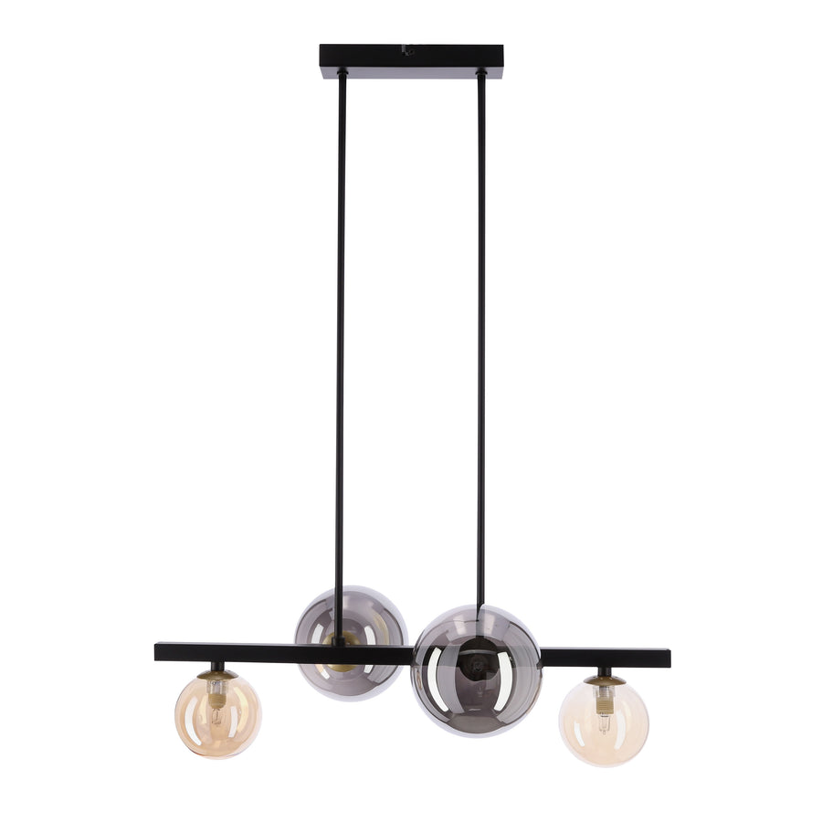 Vue de face du luminaire noir avec quatre globes en verre clair et fumé.