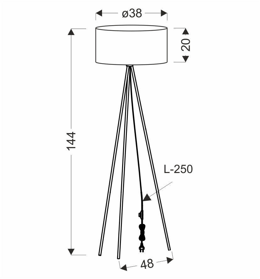 Schéma coté du lampadaire indiquant hauteur totale et diamètre de l'abat-jour