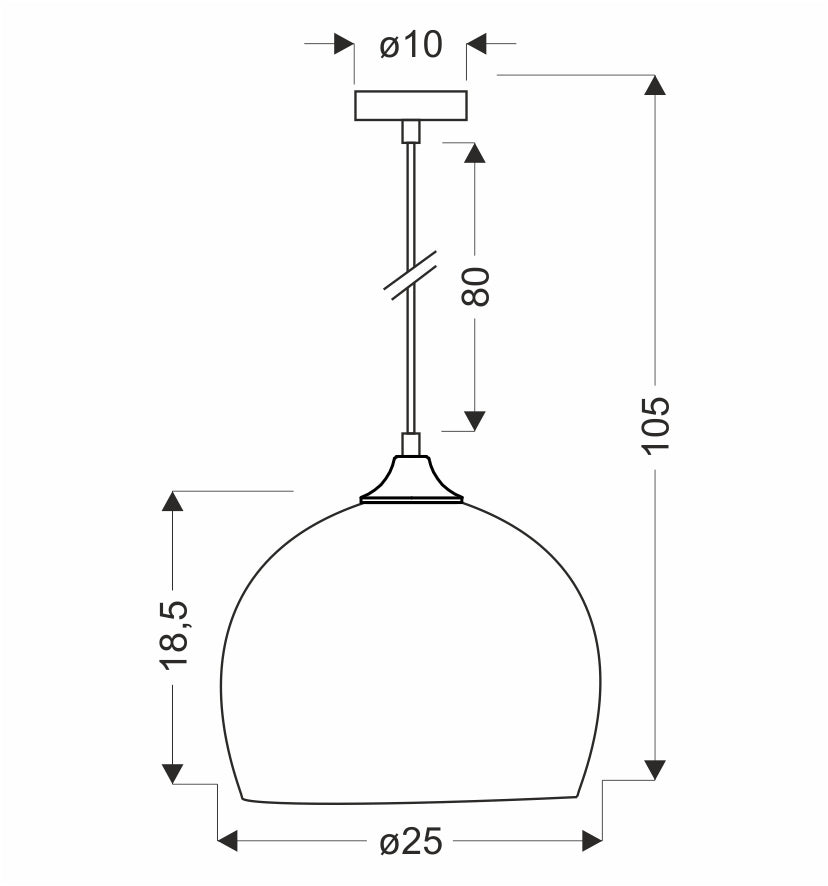 Schéma de dimensions en noir et blanc avec diamètre 25 cm et hauteur 105 cm.